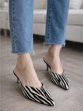 White House Black Market Zebra Print Calf Hair Mules Pointed Toe Slip-On Heels 8